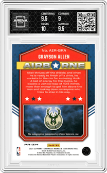Grayson Allen from the 2021-22 Panini Chronicles set featuring a Red parallel graded by Arena Club and given an overall grade of 9.5.