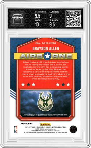 Grayson Allen from the 2021-22 Panini Chronicles set featuring a Red parallel graded by Arena Club and given an overall grade of 9.5.
