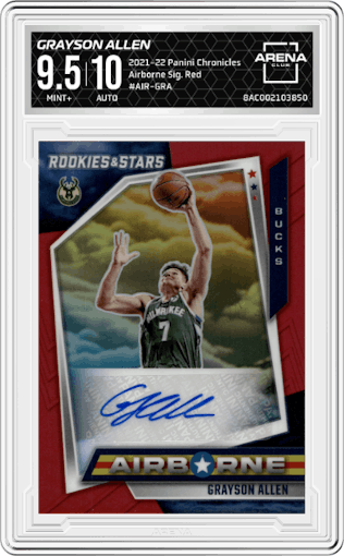 Grayson Allen from the 2021-22 Panini Chronicles set featuring a Red parallel graded by Arena Club and given an overall grade of 9.5.