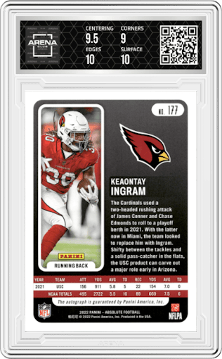 Keaontay Ingram from the 2022 Panini Absolute set featuring a Blue Diamonds parallel graded by Arena Club and given an overall grade of 9.5.