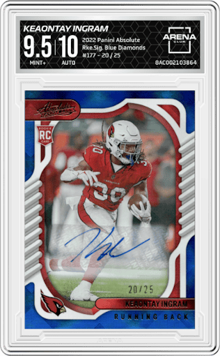 Keaontay Ingram from the 2022 Panini Absolute set featuring a Blue Diamonds parallel graded by Arena Club and given an overall grade of 9.5.