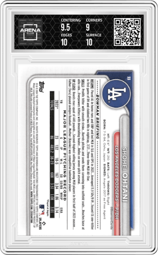 Shohei Ohtani from the 2024 Bowman set graded by Arena Club and given an overall grade of 9.5.