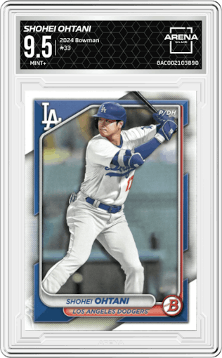 Shohei Ohtani from the 2024 Bowman set graded by Arena Club and given an overall grade of 9.5.