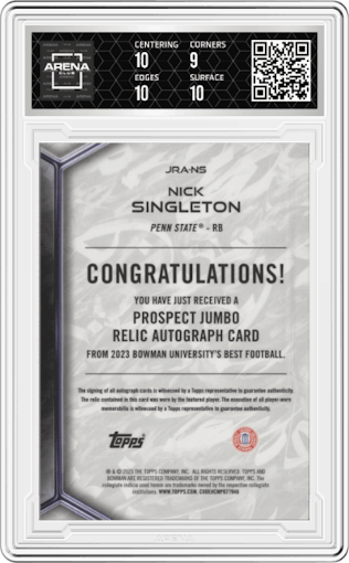 Nick Singleton from the 2023 Bowman University's Best  set graded by Arena Club and given an overall grade of 9.5.