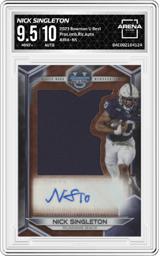 Nick Singleton from the 2023 Bowman University's Best  set graded by Arena Club and given an overall grade of 9.5.