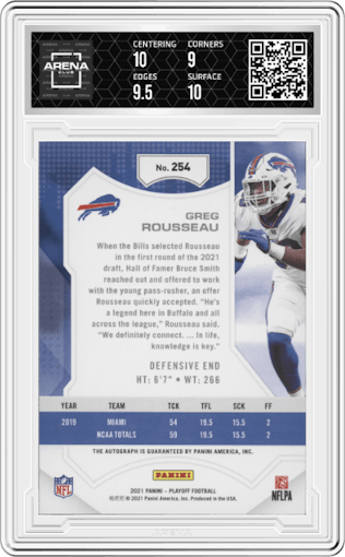 Greg Rousseau from the 2021 Panini Playoff set featuring a Red Zone parallel graded by Arena Club and given an overall grade of 9.5.