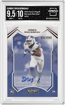 Greg Rousseau from the 2021 Panini Playoff set featuring a Red Zone parallel graded by Arena Club and given an overall grade of 9.5.