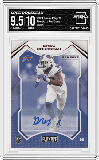 Greg Rousseau from the 2021 Panini Playoff set featuring a Red Zone parallel graded by Arena Club and given an overall grade of 9.5.