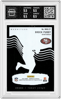 Brock Purdy from the 2022 Panini Chronicles set graded by Arena Club and given an overall grade of 9.