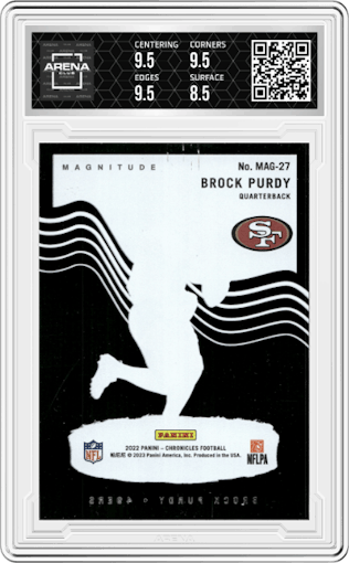 Brock Purdy from the 2022 Panini Chronicles set graded by Arena Club and given an overall grade of 9.