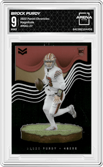 Brock Purdy from the 2022 Panini Chronicles set graded by Arena Club and given an overall grade of 9.