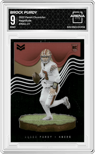 Brock Purdy from the 2022 Panini Chronicles set graded by Arena Club and given an overall grade of 9.
