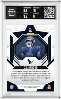C.J. Stroud from the 2023 Panini Rookies & Stars set graded by Arena Club and given an overall grade of 9.5.
