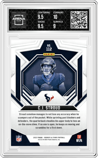 C.J. Stroud from the 2023 Panini Rookies & Stars set graded by Arena Club and given an overall grade of 9.5.