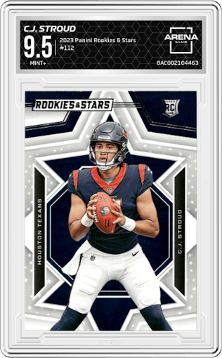 C.J. Stroud from the 2023 Panini Rookies & Stars set graded by Arena Club and given an overall grade of 9.5.