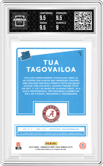 Tua Tagovailoa from the 2020 Panini Chronicles Draft Picks  set graded by Arena Club and given an overall grade of 9.5.
