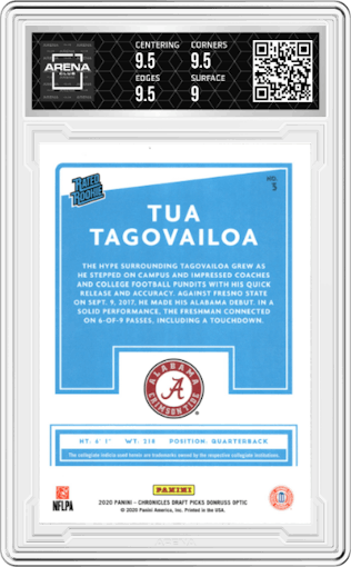 Tua Tagovailoa from the 2020 Panini Chronicles Draft Picks  set graded by Arena Club and given an overall grade of 9.5.