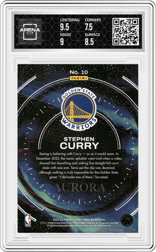 Stephen Curry from the 2022-23 Panini Court Kings set graded by Arena Club and given an overall grade of 8.