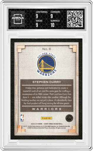 Stephen Curry from the 2023-24 Panini Court Kings set graded by Arena Club and given an overall grade of 9.5.