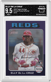 Elly De La Cruz from the 2024 Topps Heritage set featuring a Chrome Purple Refractor parallel graded by Arena Club and given an overall grade of 9.5.