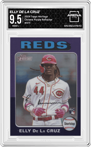 Elly De La Cruz from the 2024 Topps Heritage set featuring a Chrome Purple Refractor parallel graded by Arena Club and given an overall grade of 9.5.