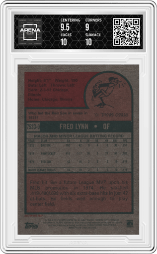 Fred Lynn from the 2024 Topps Heritage set graded by Arena Club and given an overall grade of 9.5.