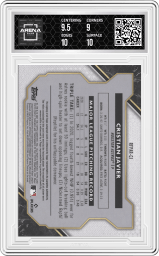 Cristian Javier from the 2021 Topps Triple Threads set featuring a Gold parallel graded by Arena Club and given an overall grade of 9.5.