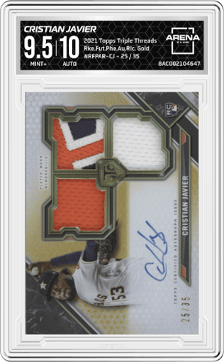 Cristian Javier from the 2021 Topps Triple Threads set featuring a Gold parallel graded by Arena Club and given an overall grade of 9.5.