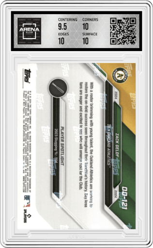 Zack Gelof from the 2024 Topps Now Road to Opening Day set featuring a Purple parallel graded by Arena Club and given an overall grade of 10.