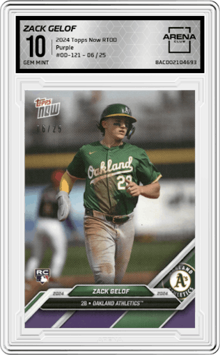 Zack Gelof from the 2024 Topps Now Road to Opening Day set featuring a Purple parallel graded by Arena Club and given an overall grade of 10.