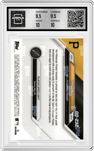 Oneil Cruz from the 2024 Topps Now Road to Opening Day set featuring a Black parallel graded by Arena Club and given an overall grade of 10.