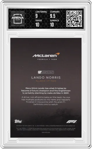 Lando Norris from the 2021 Topps F1 Lights Out set graded by Arena Club and given an overall grade of 9.5.