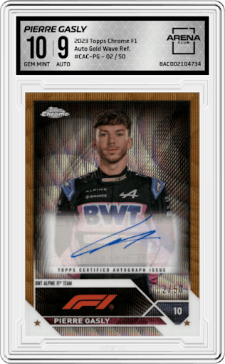 Pierre Gasly from the 2023 Topps Chrome Formula 1 set featuring a Gold Wave Refractor parallel graded by Arena Club and given an overall grade of 10.