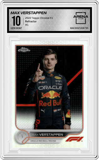 Max Verstappen from the 2022 Topps Chrome F1 set featuring a Refractor parallel graded by Arena Club and given an overall grade of 10.