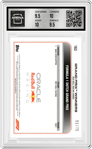 Max Verstappen from the 2022 Topps Chrome F1 Sapphire Edition  set featuring a Green parallel graded by Arena Club and given an overall grade of 10.