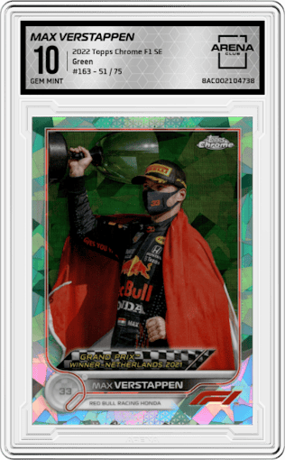 Max Verstappen from the 2022 Topps Chrome F1 Sapphire Edition  set featuring a Green parallel graded by Arena Club and given an overall grade of 10.