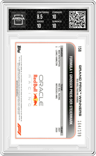 Max Verstappen from the 2022 Topps Chrome F1 Sapphire Edition  set featuring a Chartreuse parallel graded by Arena Club and given an overall grade of 9.