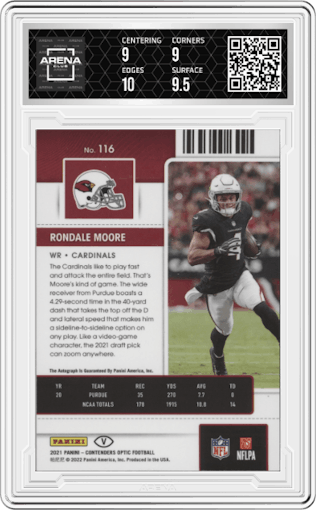 Rondale Moore from the 2021 Panini Contenders Optic set graded by Arena Club and given an overall grade of 9.5.