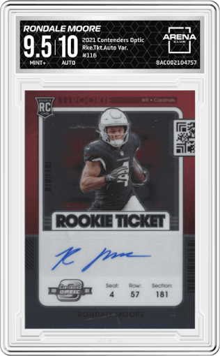 Rondale Moore from the 2021 Panini Contenders Optic set graded by Arena Club and given an overall grade of 9.5.