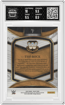 The Rock from the 2022 Panini Select WWE set featuring a Flash parallel graded by Arena Club and given an overall grade of 9.