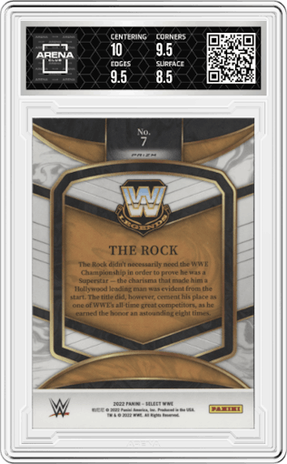 The Rock from the 2022 Panini Select WWE set featuring a Flash parallel graded by Arena Club and given an overall grade of 9.
