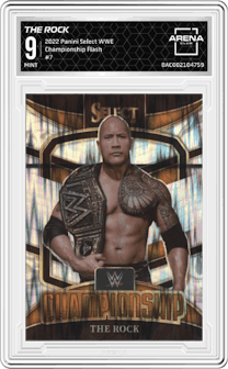 The Rock from the 2022 Panini Select WWE set featuring a Flash parallel graded by Arena Club and given an overall grade of 9.