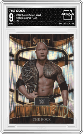 The Rock from the 2022 Panini Select WWE set featuring a Flash parallel graded by Arena Club and given an overall grade of 9.