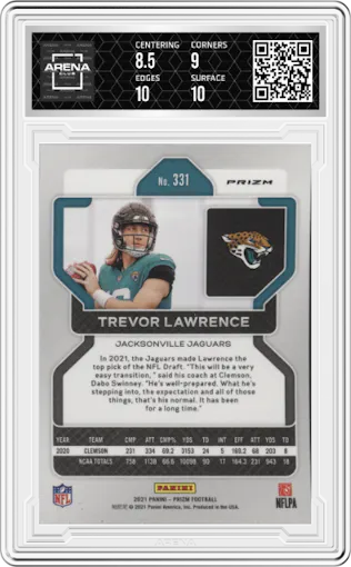 Trevor Lawrence from the 2021 Panini Prizm set featuring a Lazer parallel graded by Arena Club and given an overall grade of 9.