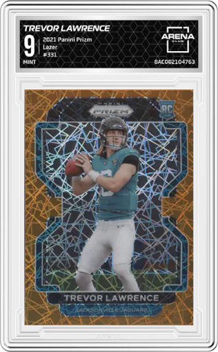 Trevor Lawrence from the 2021 Panini Prizm set featuring a Lazer parallel graded by Arena Club and given an overall grade of 9.
