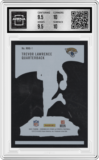 Trevor Lawrence from the 2021 Panini Chronicles set graded by Arena Club and given an overall grade of 10.