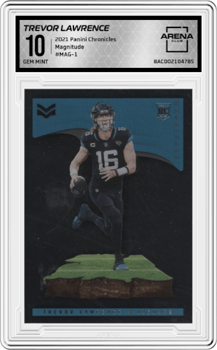 Trevor Lawrence from the 2021 Panini Chronicles set graded by Arena Club and given an overall grade of 10.