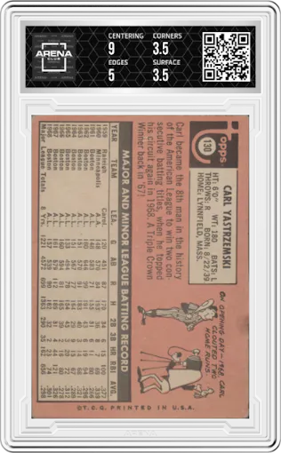 Carl Yastrzemski from the 1969 Topps set graded by Arena Club and given an overall grade of 4.