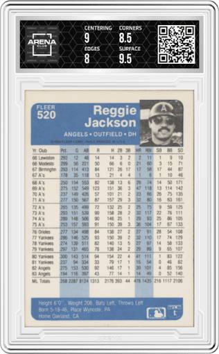 Reggie Jackson from the 1984 Fleer set graded by Arena Club and given an overall grade of 8.5.