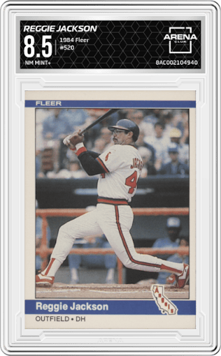 Reggie Jackson from the 1984 Fleer set graded by Arena Club and given an overall grade of 8.5.